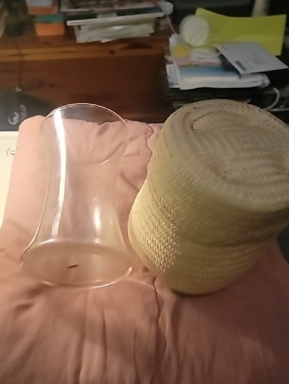 Clear Glass Hurricane Vase with Woven Straw LiddedAccent  - Natural Straw, Clear